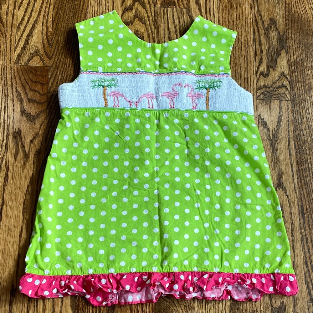 Mom and Me smocked flamingo, polka dot, cross back tunic shirt, size 6.